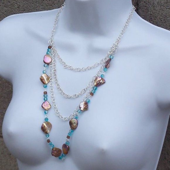 Handmade Shell Statement Necklace with Blue Glass Beads and Multi Strand Chains - Picture 1 of 15